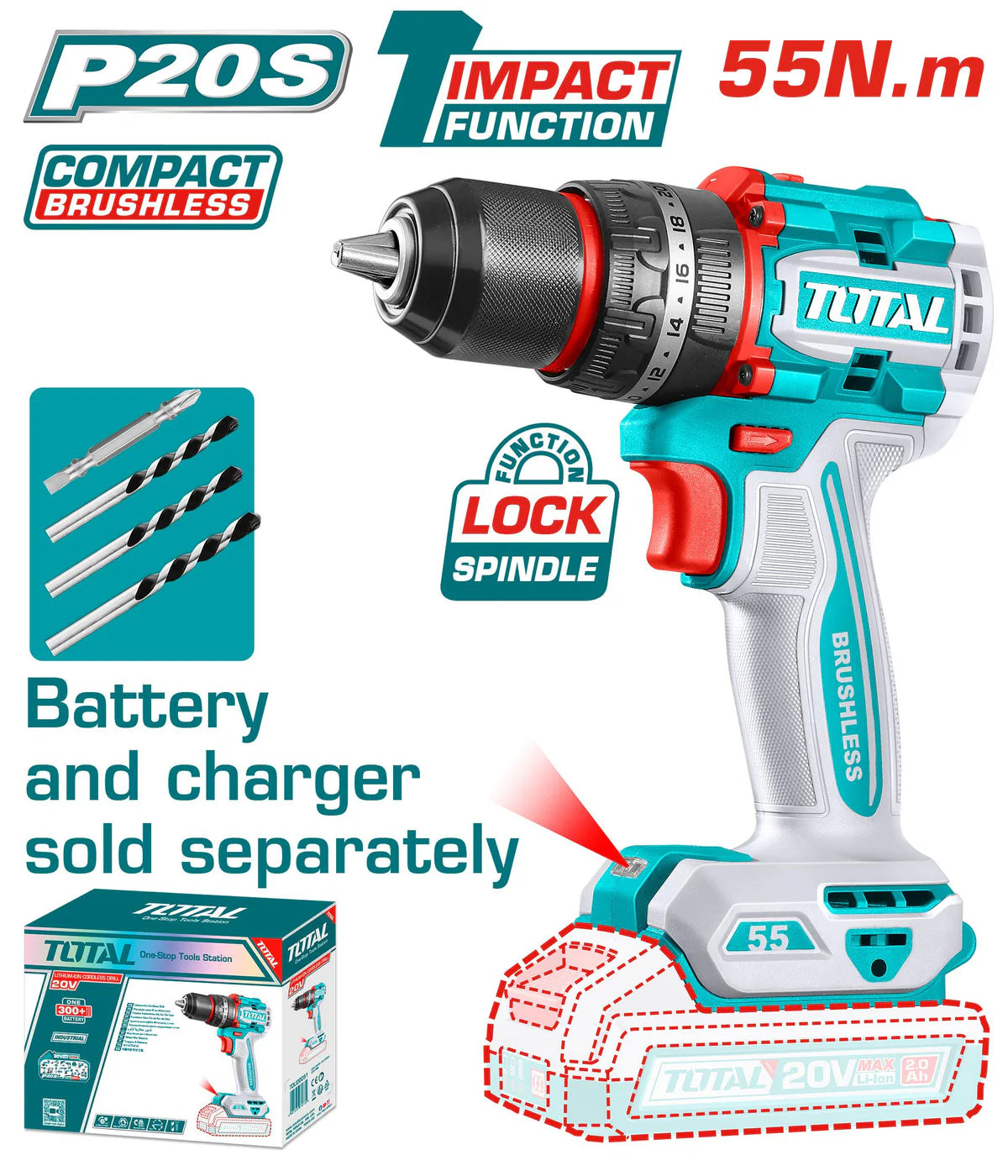 TOTAL 20V Compact Brushless Cordless Impact Drill TIDLI205581 Total